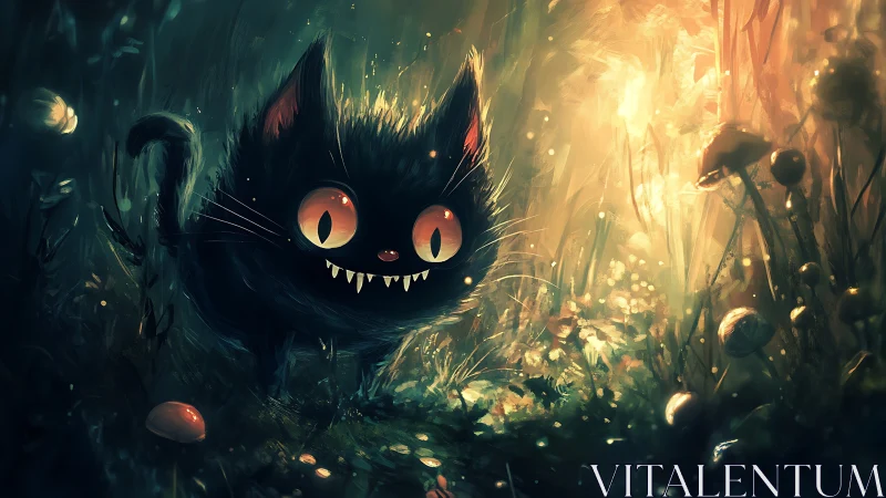 Black cat with glowing eyes in luminous forest scene.