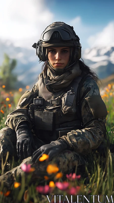 Female soldier sits in full combat gear in a mountain meadow