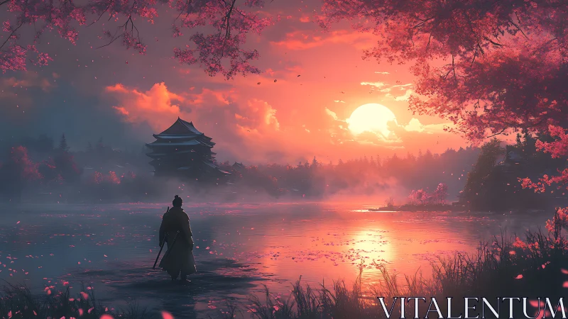 Samurai watches burning sunset over misty sakura lake.