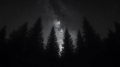 Conifer forest silhouettes beneath dense star field at night.