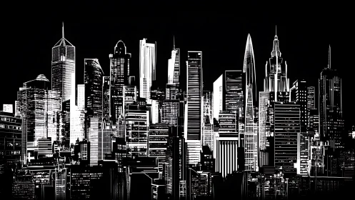 Monochrome high-rise skyline in dense architectural silhouette.