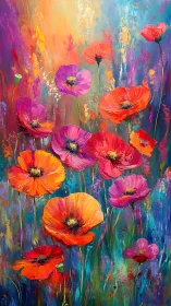 Vibrant impasto poppy field under radiant prismatic light.