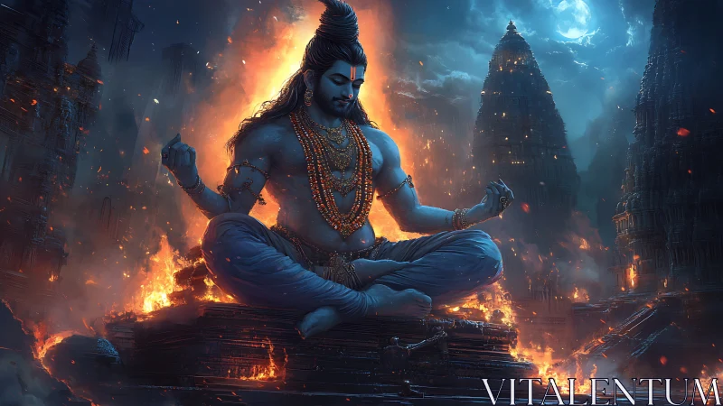 Mythic ascetic deity in flaming ruin under lunar illumination.