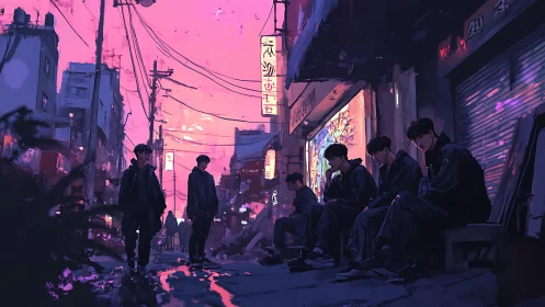 Cyberpunk alley tableau with duplicated figures and neon dusk palette.