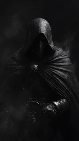 Obsidian-hooded sentinel in volumetric shadow rendering.