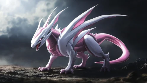 Digital painting of bio-armored pink dragon on stormy ridge.