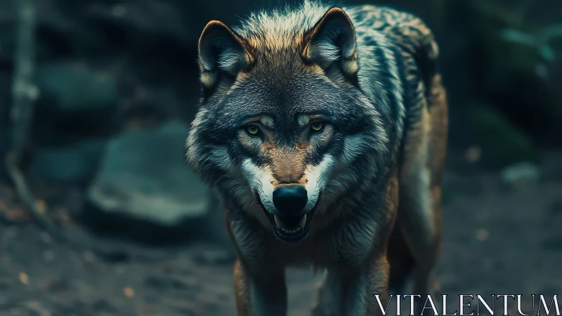 Lone wolf strides through shadowed forest in intense focus