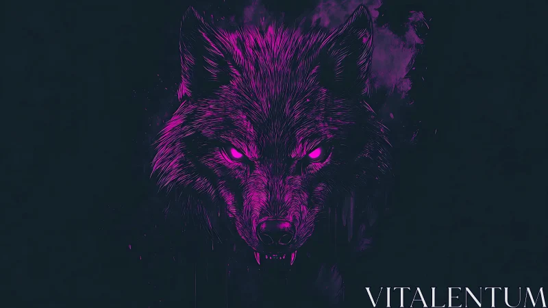 Neon magenta wolf head illustration on dark background.