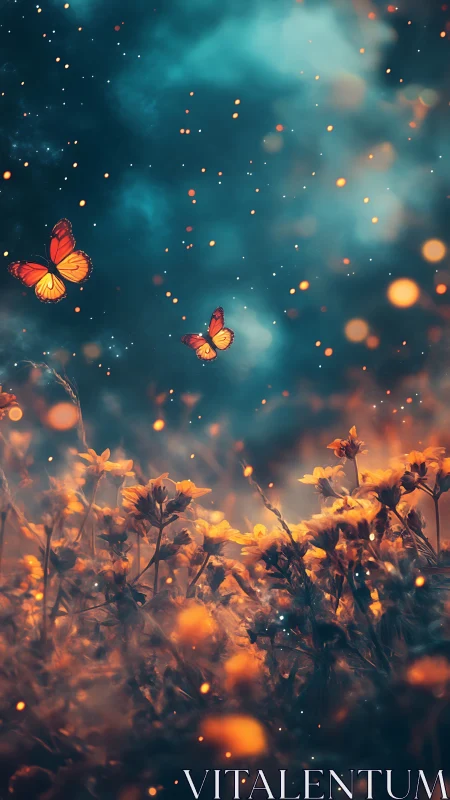 Orange butterflies over glowing wildflowers at dusk sky
