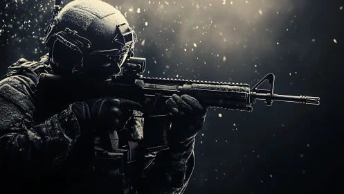 Tactical soldier aiming rifle under drifting snow at night.