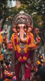 Flower-draped Ganesh idol glows above a jubilant street procession.