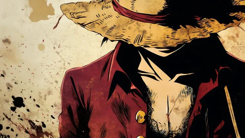 Straw-hatted drifter in crimson coat amid ink-splattered dusk.