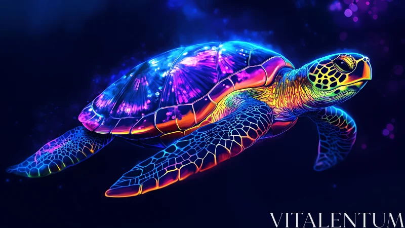 Neon sea turtle glides through a glowing cosmic ocean dream