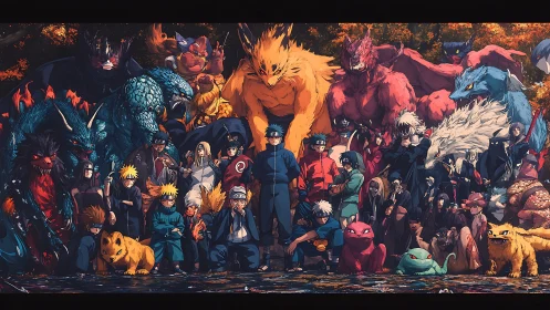 Panoramic lineup of stylized ninja warriors and tailed beasts in autumn