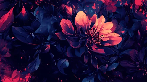 Neon Floral Bloom with Dark Garden Backdrop.