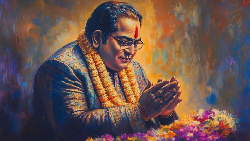 Devotional portrait in warm bokeh light with marigold garlands.