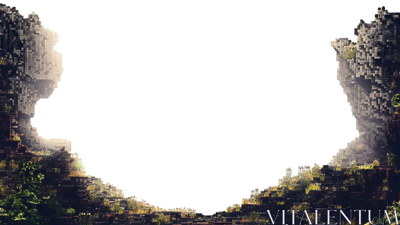 Voxel canyon walls rise around a bright white sky portal