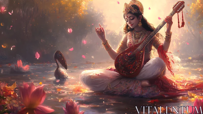 Divine musician on lotus pond amid glowing petals at dusk.