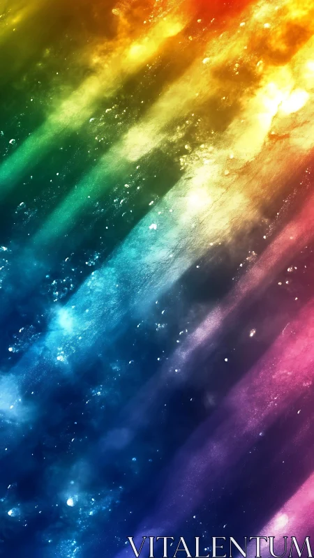 Diagonal rainbow light streaks with scattered glowing particles