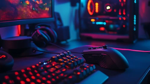 RGB-lit gaming setup glows with immersive neon ambience
