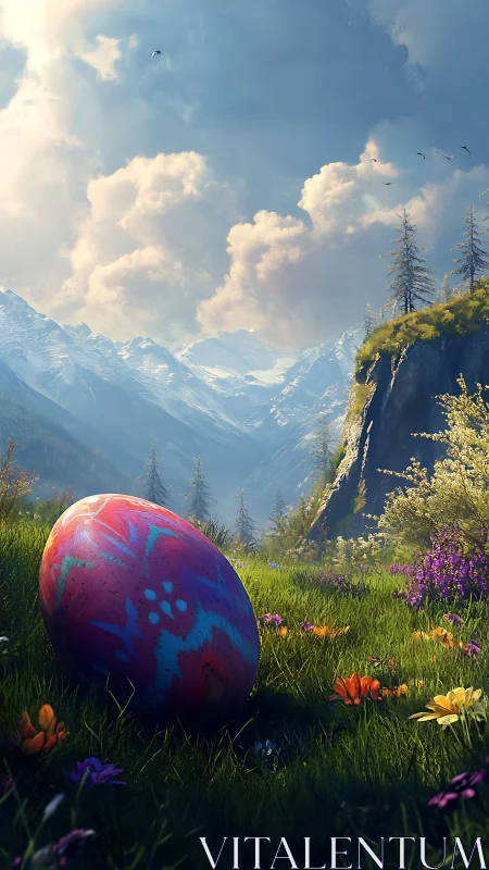 Giant painted egg rests in a sunlit alpine wildflower meadow
