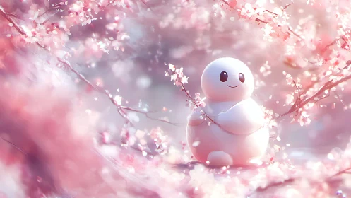 Cute white robot cradles cherry blossoms in soft bloom