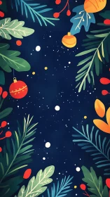 Festive botanical frame surrounding starry night sky.