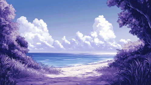 Quiet digital seascape framed by shaded coastal trees.