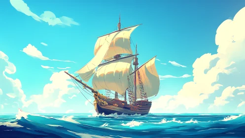 Three-masted sailing ship on open ocean under clear sky.