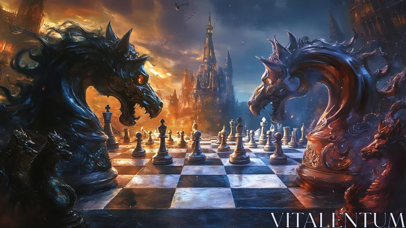 Elemental war-steeds loom over a blazing fantasy chessfield.