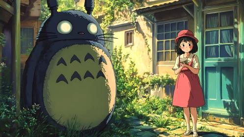 Garden doorstep meeting with gentle forest giant guardian.