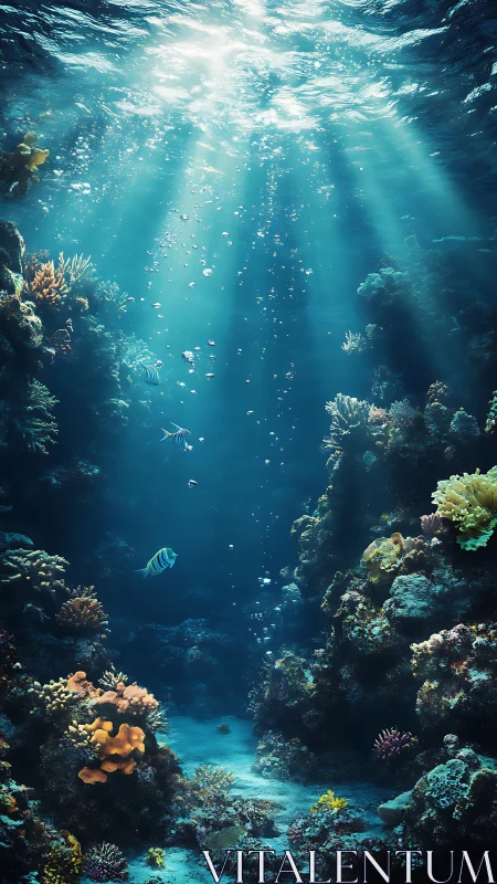 Sunlit coral canyon with gently drifting tropical fish.