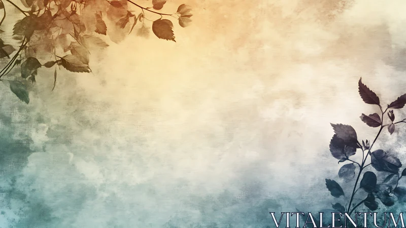 Muted botanical silhouettes frame soft gradient sky field