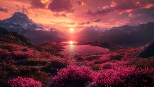 Hyper-saturated alpine lake at sunset under dramatic skies