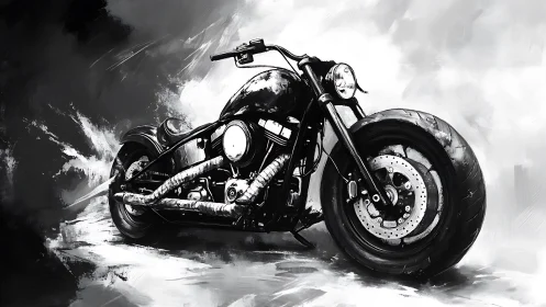 Monochrome low-slung custom cruiser motorcycle in dynamic brushwork