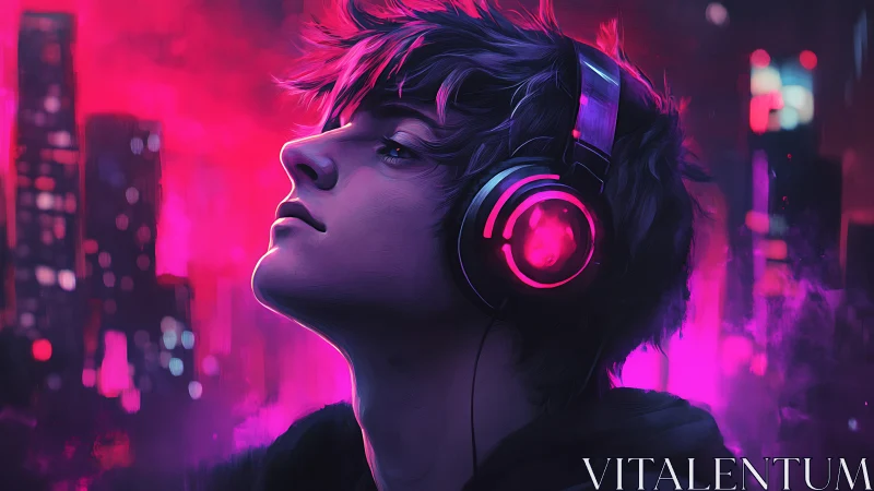 Headphoned figure in neon urban environment at night.