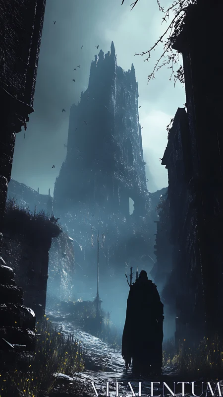 Wanderer on a misty path toward a crumbling night tower.