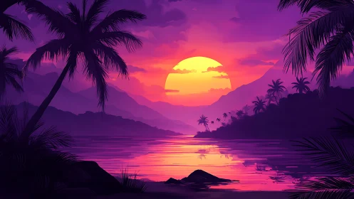 Neon dusk lagoon where violet palms cradle molten sun.