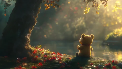 Soft toy philosopher watches golden light ripple across water