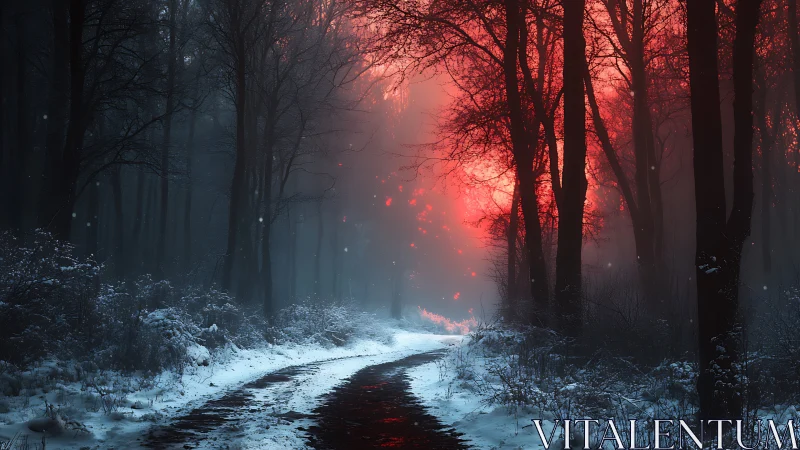 Snowy forest road under crimson winter twilight glow.