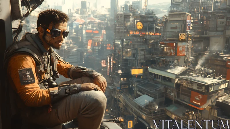 Augmented scout surveys dense vertical megacity from ledge