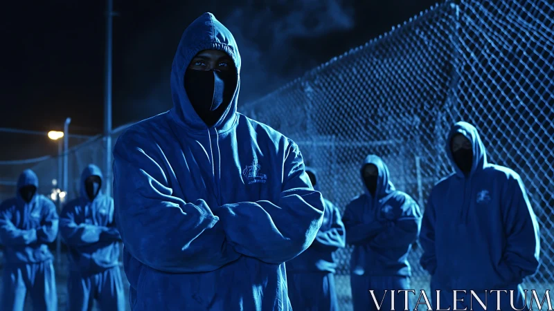 Hooded figures in blue-lit urban yard with chain-link fence.