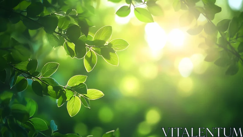 Sunlit Green Leaves in Nature with Soft Bokeh Background.