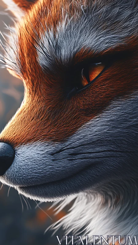 Hyperreal close-up profile of red fox muzzle and amber eye
