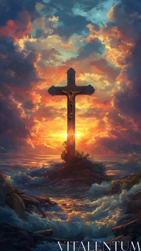 Sunlit crucifix rises over storm-tossed ocean horizon.