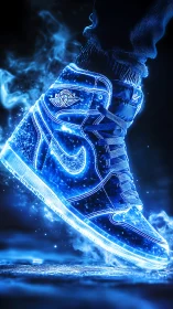 Luminous blue sneaker rendered with neon particle glow lighting.