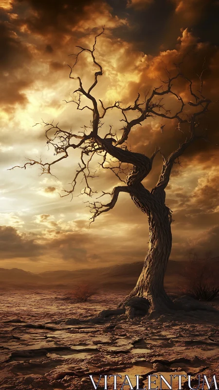 Twisted dead tree rises over cracked desert at sunset.