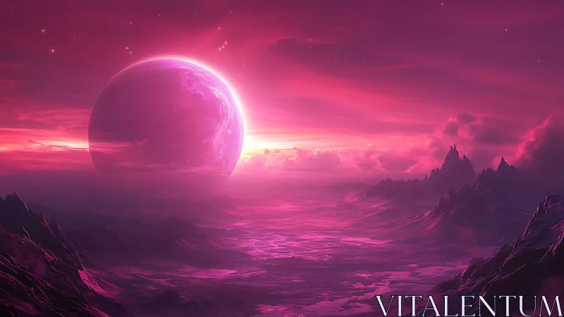 Soft neon planet rising over dreamy magenta mountains.