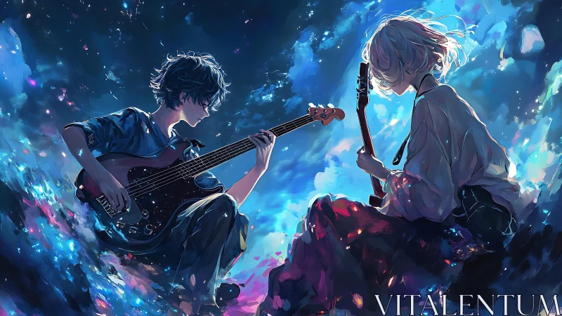 Starlit guitar duet drifting through a painted cosmic night.