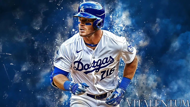 Baseball player in white uniform on abstract blue backdrop.